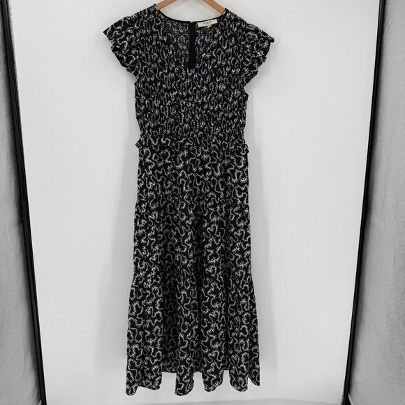 Sea New York Thandi Smocked Textured Maxi Dress Short Flutter Sleeve 8 Black - Picture 1 of 10